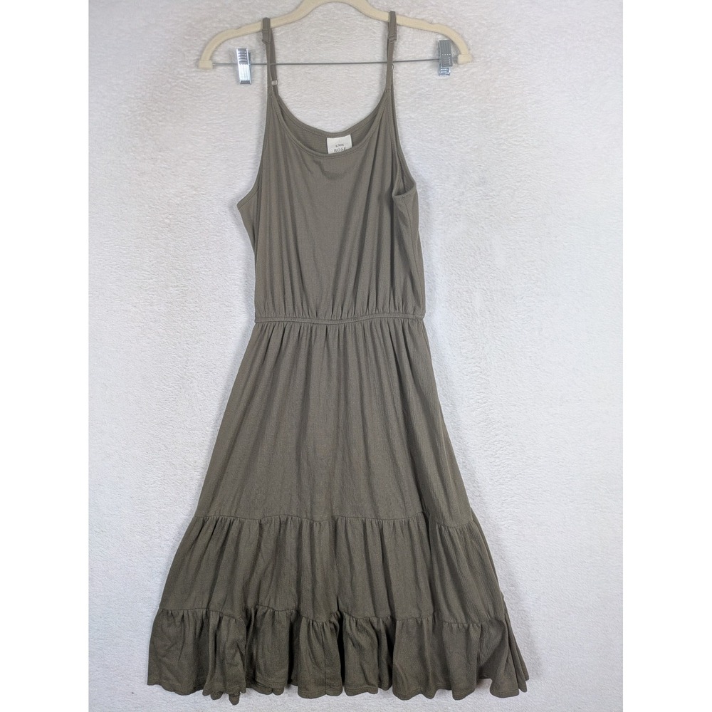 Knox Rose Midi Dress Women's Small Olive Green Tiered Ruffle Elastic Waist Boho